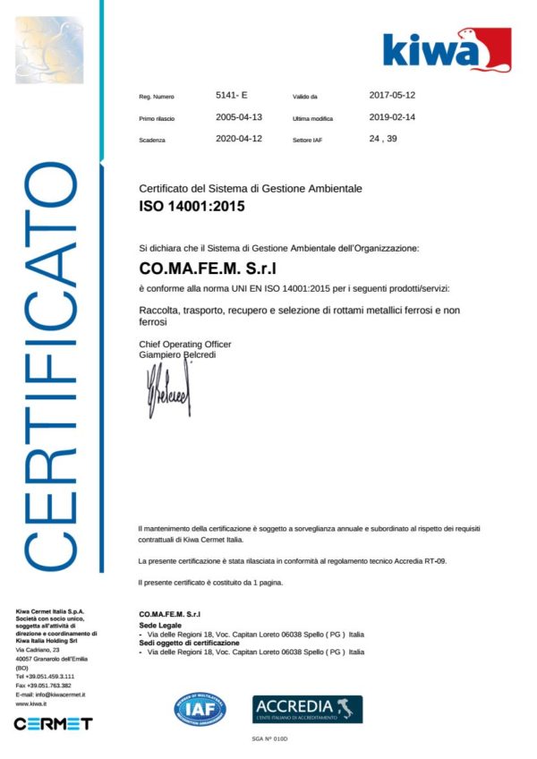 Certificato Del Sistema Di Gestione Ambientale ISO 14001:2015 - Comafem