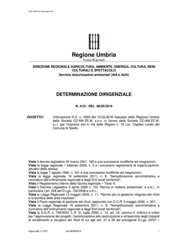 Determinazione Dirigenziale 4151 Del 06/05/2019 - Comafem